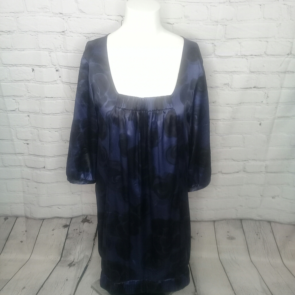 Classiques Entier Black Blue Square Neck Floral Sac Silk Knee Length Dress Sz M
